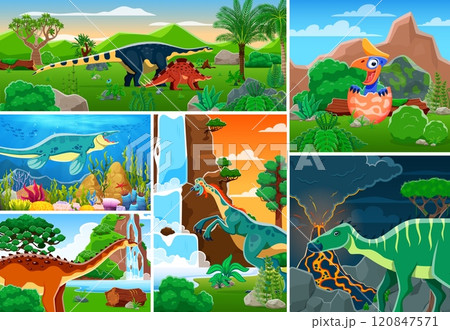 Cartoon dinosaurs characters collage on prehistoric jungle forest and ocean nature landscape vector background. Funny oviraptor, wuerhosaurus, shantungosaurus dinosaurs and baby dino in egg personages 120847571