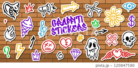 Stickers pack of grunge street art graffiti ink spray paint. Street spray graffiti symbols vector stickers. Hip Hop culture spray paint snake, loudspeaker, ice cream and ghost, skull, crown wall tags 120847580