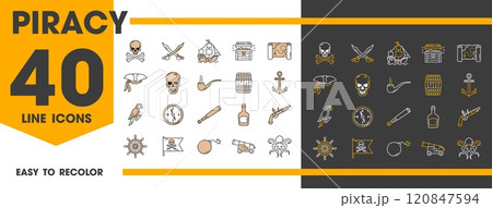 Caribbean pirates line icons. Corsairs and filibuster, treasure and skull, map and weapon symbols. Vector set of piracy themed linear signs. Smoking pipe, swords, ship, loot chest, anchor and parrot