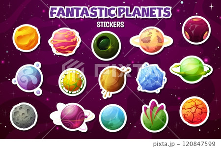 Stickers pack of alien space galaxy planets on starry sky vector background. Cartoon outer space planets and stars of fantasy universe galaxy with bright color orbit rings, ice, lava and craters Stickers pack of alien space galaxy planets on starry sky vector background. Cartoon outer space planets and stars of fantasy universe galaxy with bright color orbit rings, ice, lava and craters 120847599
