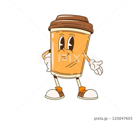 Groovy coffee cup retro cartoon character, vector funny takeaway drink. Groovy coffee or hot chocolate paper cup emoji with funny face and smile for fast food drink or funky retro cartoon character Groovy coffee cup retro cartoon character, vector funny takeaway drink. Groovy coffee or hot chocolate paper cup emoji with funny face and smile for fast food drink or funky retro cartoon character 120847605