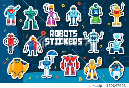 Robot characters stickers of cartoon funny cyborgs and robotic android bots, vector pack set. Retro robot toys stickers of mechanical robotic droids on wheels with face display, laser gun or ice cream Robot characters stickers of cartoon funny cyborgs and robotic android bots, vector pack set. Retro robot toys stickers of mechanical robotic droids on wheels with face display, laser gun or ice cream 120847608