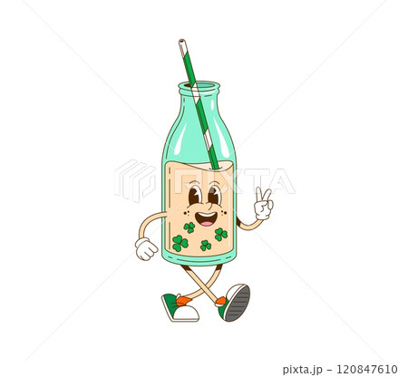 Cartoon retro groovy St Patrick day bubble tea character for Irish holiday, vector funny face. Groovy cartoon bubble tea bottle with shamrock clover and happy smiling face for St Patrick Day character 120847610