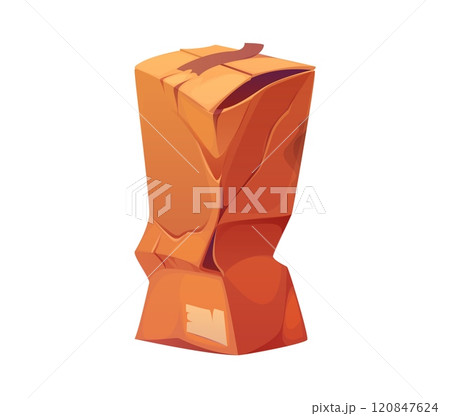 Damaged, crumpled and broken delivery cardboard box package, crushed and ripped cargo parcel. Isolated cartoon vector package representing delivery and logistic issues, mishandling, shipping problems Damaged, crumpled and broken delivery cardboard box package, crushed and ripped cargo parcel. Isolated cartoon vector package representing delivery and logistic issues, mishandling, shipping problems 120847624