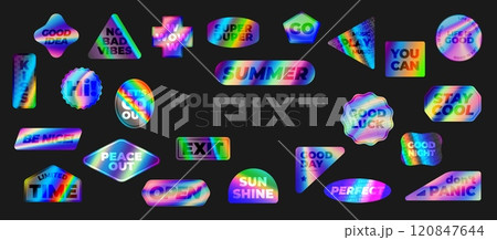Hologram stickers, iridescent gradient y2k vector labels and tags. Geometric neon color hologram badges and tags. Square, circle, triangle, star and cross shaped iridescent holographic stickers pack Hologram stickers, iridescent gradient y2k vector labels and tags. Geometric neon color hologram badges and tags. Square, circle, triangle, star and cross shaped iridescent holographic stickers pack 120847644