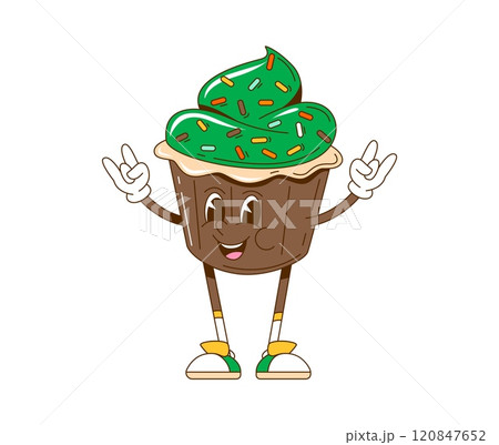 Cartoon retro groovy St Patrick day cake character for Irish holiday, vector funny comic. Groovy cartoon muffin cupcake with smiling happy face and green sweet cream for St Patrick Day character 120847652