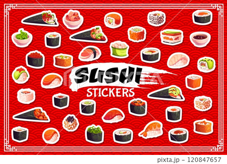 Cartoon japanese sushi and rolls stickers pack, vector asian cuisine food. Salmon fish sashimi, rice and nori nigiri, maki and temaki sushi, gunkan, hosomaki and uramaki rolls cartoon stickers set Cartoon japanese sushi and rolls stickers pack, vector asian cuisine food. Salmon fish sashimi, rice and nori nigiri, maki and temaki sushi, gunkan, hosomaki and uramaki rolls cartoon stickers set 120847657