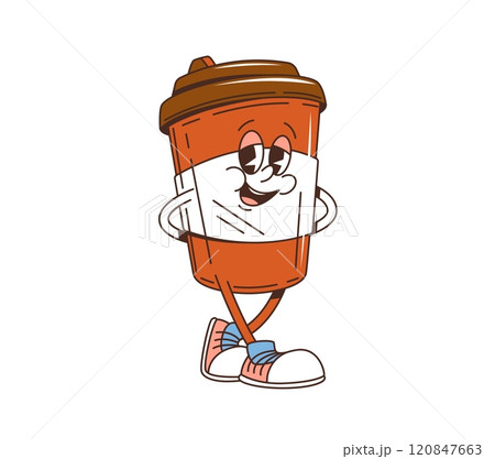 Cartoon retro groovy takeaway coffee cup character, vector fast food drink emoji. Groovy coffee in paper cup with lid, happy face and funny smile for fast food drink as funky cartoon character 120847663