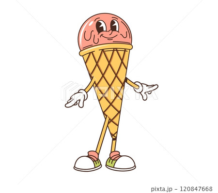 Groovy retro cartoon ice cream character for sweet dessert, vector funny gelato. Groovy ice cream scoops in wafer cone with happy face and funny smile in hipster shoes for gelateria cartoon character Groovy retro cartoon ice cream character for sweet dessert, vector funny gelato. Groovy ice cream scoops in wafer cone with happy face and funny smile in hipster shoes for gelateria cartoon character 120847668