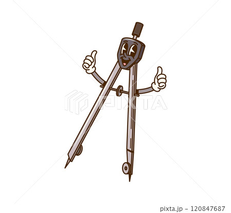 Groovy school compass education stationery character. Cartoon retro drawing and drafting item. Isolated playful vector divider tool personage with a joyful expression, thumbs up and funny smiling face Groovy school compass education stationery character. Cartoon retro drawing and drafting item. Isolated playful vector divider tool personage with a joyful expression, thumbs up and funny smiling face 120847687