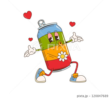 Cartoon retro groovy cola drink character in love. Vector soda tin can personage wearing trendy sneakers kneeling with kissing face and surrounded with hearts. Beverage exudes nostalgic hippie vibes 120847689