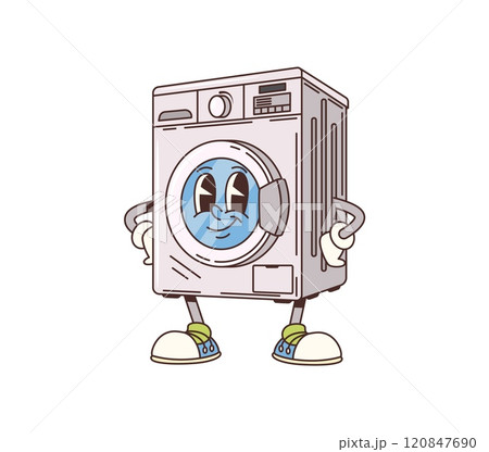 Cartoon groovy washing machine, cleaning and household character standing with arms akimbo, expressing friendliness and playfulness. Isolated vector electric appliance retro personage ready for chores 120847690