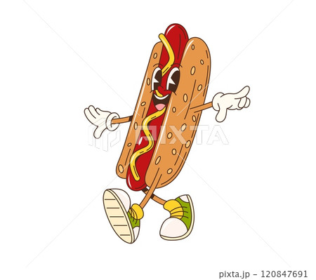 Cartoon retro groovy fast food hot dog character. Isolated vector tasty hotdog fastfood personage wearing cool vintage sneakers with a funky, hippie vibe, featuring charming smile and mustard drizzle 120847691