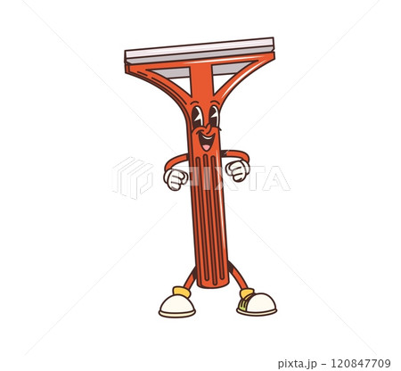 Cartoon squeegee groovy cleaning, washing, household character exuding energy and enthusiasm. Isolated vector retro housekeeping tool personage conveying cleanliness and fun, hygiene and home chores 120847709