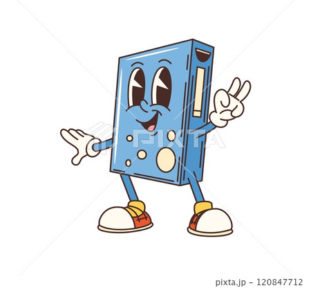 Cartoon groovy box of laundry detergent, cleaning and washing character happily posing with a peace sign and cheerful smile. Isolated vector fun personage wearing sneakers, ready for household chores Cartoon groovy box of laundry detergent, cleaning and washing character happily posing with a peace sign and cheerful smile. Isolated vector fun personage wearing sneakers, ready for household chores 120847712