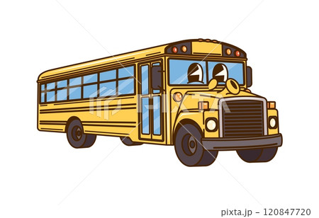 Groovy school bus education character. Isolated cartoon vector retro funky yellow schoolbus personage with quirky expression. Funny auto vehicle with playful y2k face ready to transporting students Groovy school bus education character. Isolated cartoon vector retro funky yellow schoolbus personage with quirky expression. Funny auto vehicle with playful y2k face ready to transporting students 120847720