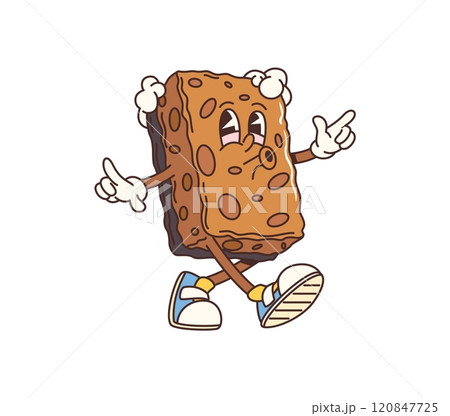 Groovy cartoon sponge cleaning, washing and household tool character with amusing expression and foam pieces on its head. Isolated vector housekeeping tool personage showing retro vibe and excitement 120847725