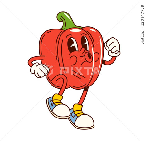 Groovy bell pepper vegetable character jogging. Cartoon vector fun and lively fresh veg personage with expressive eyes, and sports sneakers, promoting healthy eating and playful nutrition for kid menu Groovy bell pepper vegetable character jogging. Cartoon vector fun and lively fresh veg personage with expressive eyes, and sports sneakers, promoting healthy eating and playful nutrition for kid menu 120847729