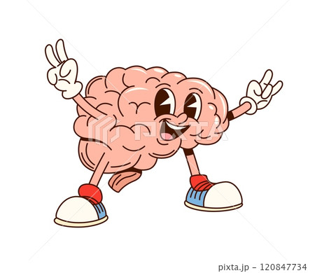 Groovy human brain character. Cartoon vector happy anatomy medicine retro personage making peace signs with cheerful expression, embodies creativity, intelligence, and positive energy, intellect, idea Groovy human brain character. Cartoon vector happy anatomy medicine retro personage making peace signs with cheerful expression, embodies creativity, intelligence, and positive energy, intellect, idea 120847734