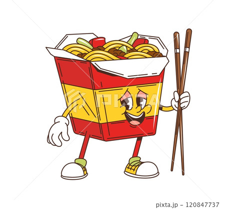 Cartoon retro groovy wok noodles fast food character with funny face, vector emoji. Groovy Asian noodles box with happy smile and chopsticks for fast food cartoon funky hipster character or menu Cartoon retro groovy wok noodles fast food character with funny face, vector emoji. Groovy Asian noodles box with happy smile and chopsticks for fast food cartoon funky hipster character or menu 120847737