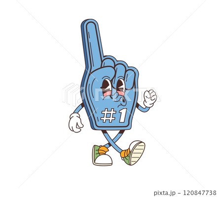 Cartoon retro groovy sport fan glove character. Vector foam finger personage with the number one fan status, dances energetically and has a fun, nostalgic 70s vibe, exuding excitement and team spirit Cartoon retro groovy sport fan glove character. Vector foam finger personage with the number one fan status, dances energetically and has a fun, nostalgic 70s vibe, exuding excitement and team spirit 120847738
