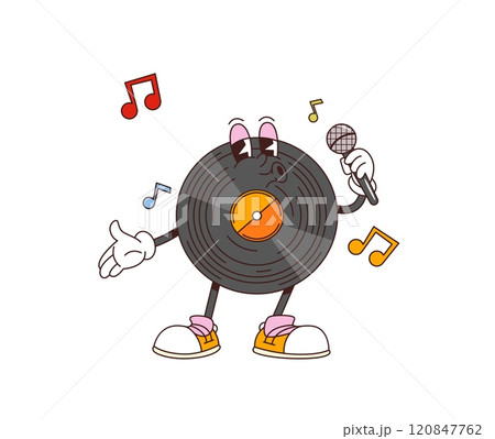 Cartoon retro groovy vinyl record character sings passionately with microphone and funky melody notes flying around, embodying soulful vibe of classic music. Isolated vector vintage musical personage 120847762
