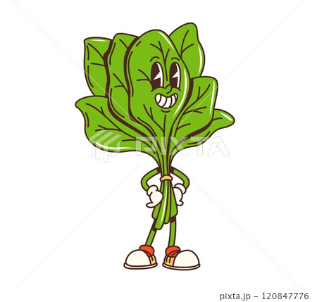 Cartoon groovy green spinach vegetable character with funny face, vector retro comic. Groovy spinach with happy smile and funky cute face for cheerful vegetable emoji or retro cartoon character Cartoon groovy green spinach vegetable character with funny face, vector retro comic. Groovy spinach with happy smile and funky cute face for cheerful vegetable emoji or retro cartoon character 120847776