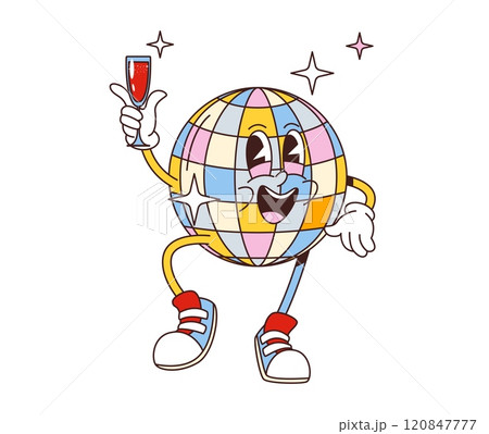 Cartoon retro groovy disco ball character. Isolated vector vibrant personage holding a cocktail glass, light up dance floor, exuding cool vibes and glowing with its shimmering facets during party Cartoon retro groovy disco ball character. Isolated vector vibrant personage holding a cocktail glass, light up dance floor, exuding cool vibes and glowing with its shimmering facets during party 120847777