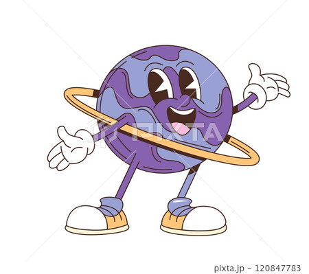 Cartoon retro groovy galaxy planet character. Isolated vector cheerful Saturn space personage with a wide smile, waving joyfully. Purple sphere circled by a ring, wearing trendy hippie sneakers Cartoon retro groovy galaxy planet character. Isolated vector cheerful Saturn space personage with a wide smile, waving joyfully. Purple sphere circled by a ring, wearing trendy hippie sneakers 120847783