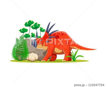 Cartoon prehistoric styracosaurus dinosaur character. Isolated vector triceratops-like dino with red spotted skin and horns, stands at lush Jurassic era landscape with ferns, rocks and green plants 120847784