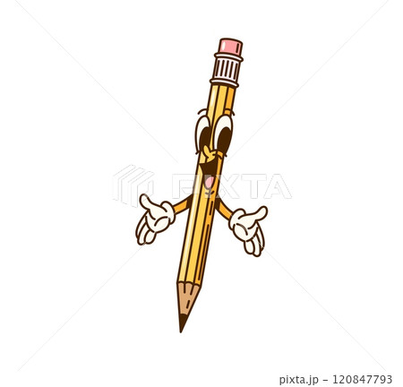 Groovy pencil school education and stationery cartoon character. Isolated vector cheerful retro drawing tool with expressive eyes, laugh in excitement. Educational, creative and playful personage 120847793