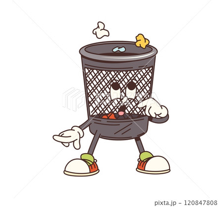 Cartoon groovy trash bin cleaning, washing and household character with playful expression, wearing sneakers and filled with crumpled paper and debris. Playful and cute retro wastes bucket personage 120847808