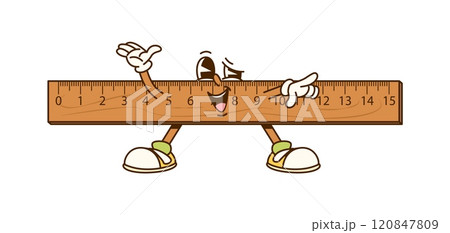 Groovy ruler school education and stationery character. Isolated cartoon vector cheerful and funny retro measuring tool with a smiling face. Joyful y2k personage, ready to measure and educate students 120847809