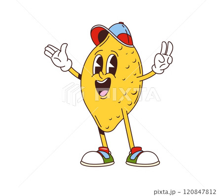 Cartoon retro groovy lemon fruit character with funny face, vector comic emoji. Groovy lemon with funky happy smile in hipster or hippie summer hat and peace sign gesture for retro cartoon character Cartoon retro groovy lemon fruit character with funny face, vector comic emoji. Groovy lemon with funky happy smile in hipster or hippie summer hat and peace sign gesture for retro cartoon character 120847812