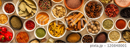Collection of assorted spices and herbs spread on a beige background, blending exotic aromas and colors to inspire flavorful cooking, banner Collection of assorted spices and herbs spread on a beige background, blending exotic aromas and colors to inspire flavorful cooking, banner 120848001
