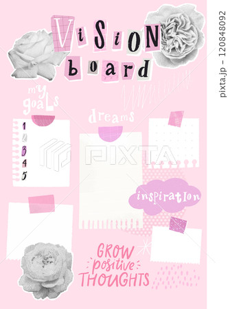 Vision board vertical poster, trendy collage mixof flowers and scrapbooking paper pieces, taped notes and inspirational quote 120848092
