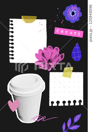 Paper vision board collage, halftone coffee cup, flowers, taped notes and doodles 120848096
