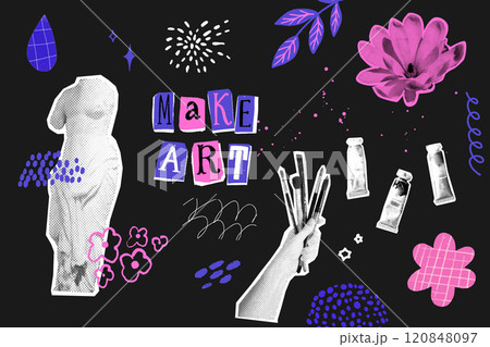 Make art collage vision board, hand holding brushes, oil paint tubes, elegant statue halftone figure. Hand drawn doodles and cutouts on black background Make art collage vision board, hand holding brushes, oil paint tubes, elegant statue halftone figure. Hand drawn doodles and cutouts on black background 120848097