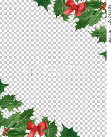 Christmas card made of holly leaves with red berries and a red festive bow. All objects are hand painted with watercolors. Watercolor card. Suitable for printing on card and invitation paper. Christmas card made of holly leaves with red berries and a red festive bow. All objects are hand painted with watercolors. Watercolor card. Suitable for printing on card and invitation paper. 120848108