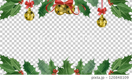 Rectangular Christmas card with green holly leaves and red berries, golden bells with red bows. Watercolor illustration. For printing on cards, invitations. Rectangular Christmas card with green holly leaves and red berries, golden bells with red bows. Watercolor illustration. For printing on cards, invitations. 120848109