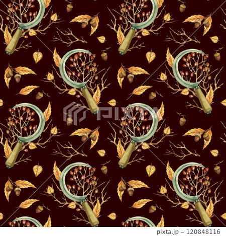 Sickle, viburnum, bare tree branches, acorns, autumn leaves on a dark background. All objects are hand-drawn with watercolors, seamless pattern. For printing on fabric, textiles, notebook covers. 120848116