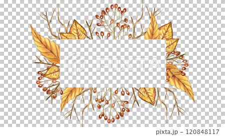 Rectangular frame of dried flowers, autumn leaves, viburnum berries and bare tree branches. All objects are hand-painted with watercolors. For printing on invitations, postcards, for scrapbooking. 120848117