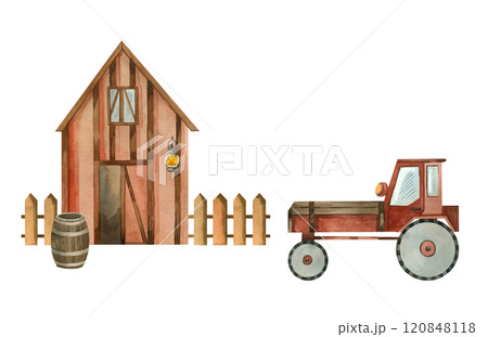 Farm, storage barn with fence, garden tractor and wooden barrel. All objects are hand painted with watercolors. Watercolor illustration. For printing on paper, for scrapbooking, for children's books. 120848118