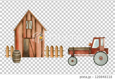 Farm, storage barn with fence, garden tractor and wooden barrel. All objects are hand painted with watercolors. Watercolor illustration. For printing on paper, for scrapbooking, for children's books. 120848118