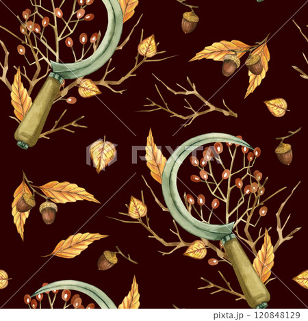 Sickle, viburnum, bare tree branches, acorns, autumn leaves on a dark background. All objects are hand-drawn with watercolors, seamless pattern. For printing on fabric, textiles, notebook covers. 120848129