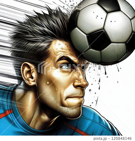 サッカーボールをヘディングする男性 120848146