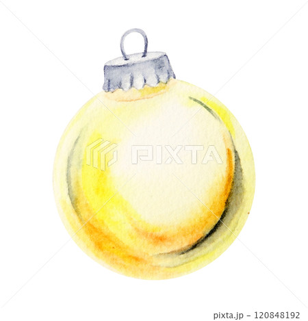 Watercolor hand drawn illustration of a golden Christmas ornament with a metallic cap and a loop for hanging. A festive decoration perfect for Christmas designs, holiday cards, and seasonal projects 120848192