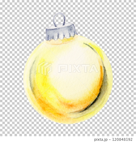 Watercolor hand drawn illustration of a golden Christmas ornament with a metallic cap and a loop for hanging. A festive decoration perfect for Christmas designs, holiday cards, and seasonal projects 120848192