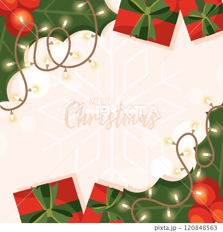 Christmas gifts and lights with holly decor Vector Christmas gifts and lights with holly decor Vector 120848563