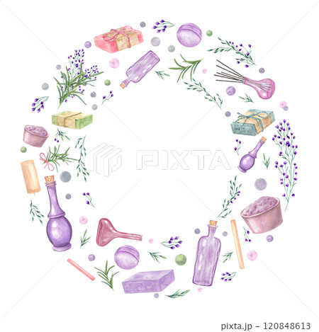 Watercolor Candle, bowl with salt, lavender, herbs, bottle, soap bars, bath bomb wreath isolated background. Spa objects floral illustration for greetings. Round frame with empty space for text Watercolor Candle, bowl with salt, lavender, herbs, bottle, soap bars, bath bomb wreath isolated background. Spa objects floral illustration for greetings. Round frame with empty space for text 120848613